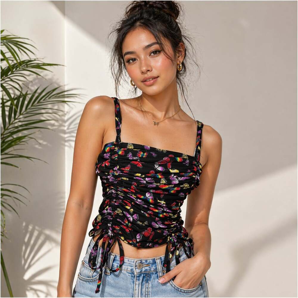 No‎ Boundaries Butterfly Ruched Tank Top Black Y2K Tie Side Women L